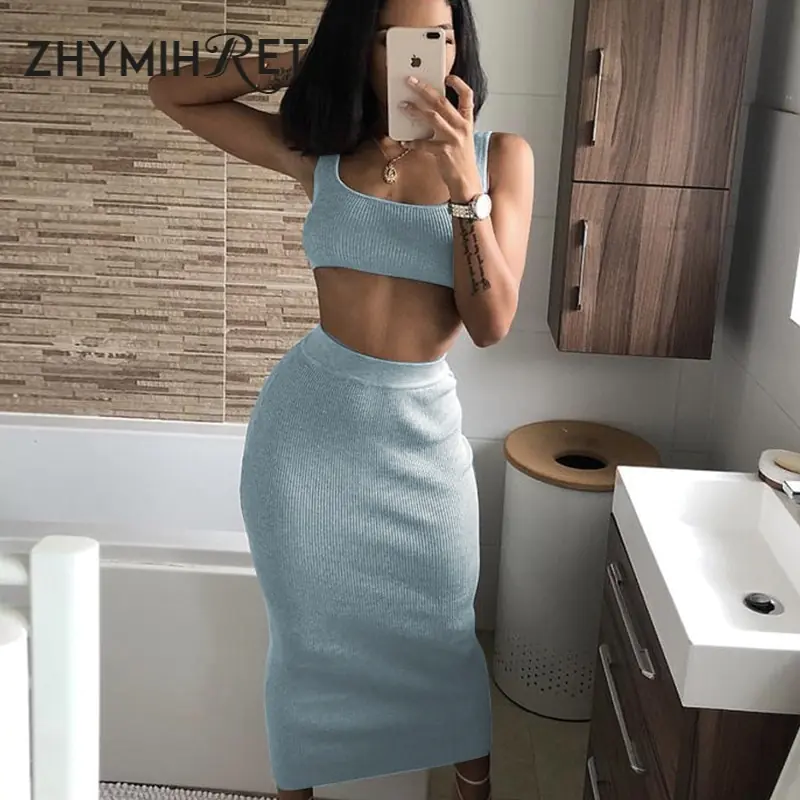 Conjunto Crop Top y Falda de Cintura Alta Acanalado
