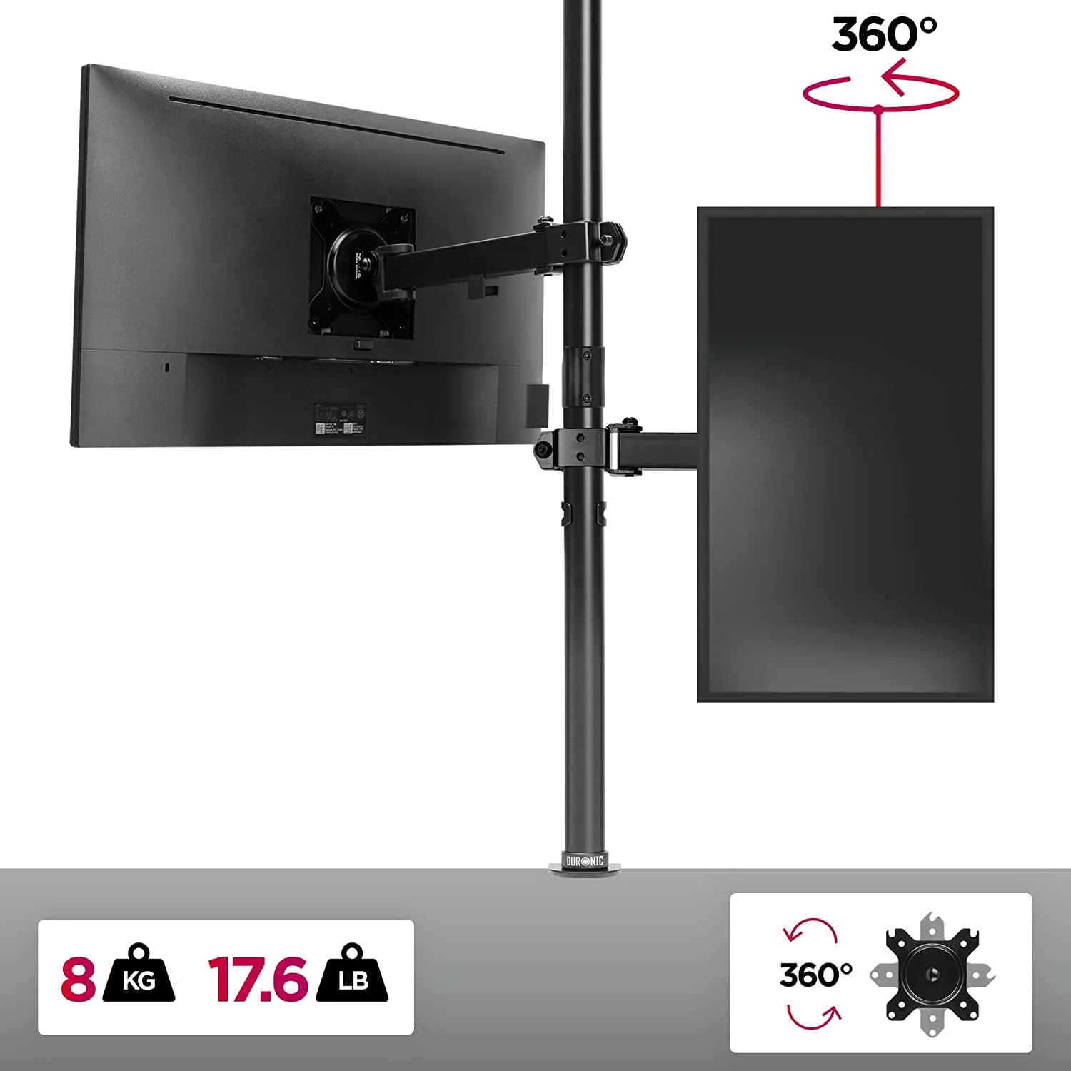 Duronic DMT151X2 BK Brazo para Monitor | para Pantalla de 13 a 32" y 8 kg de Capacidad | Cabezal VESA 75 y 100 Giratorio e inclinable -15 °+ 15 °|100 cm de Altura Ajustable | Brazo Extensible 25cm - Imagen 4