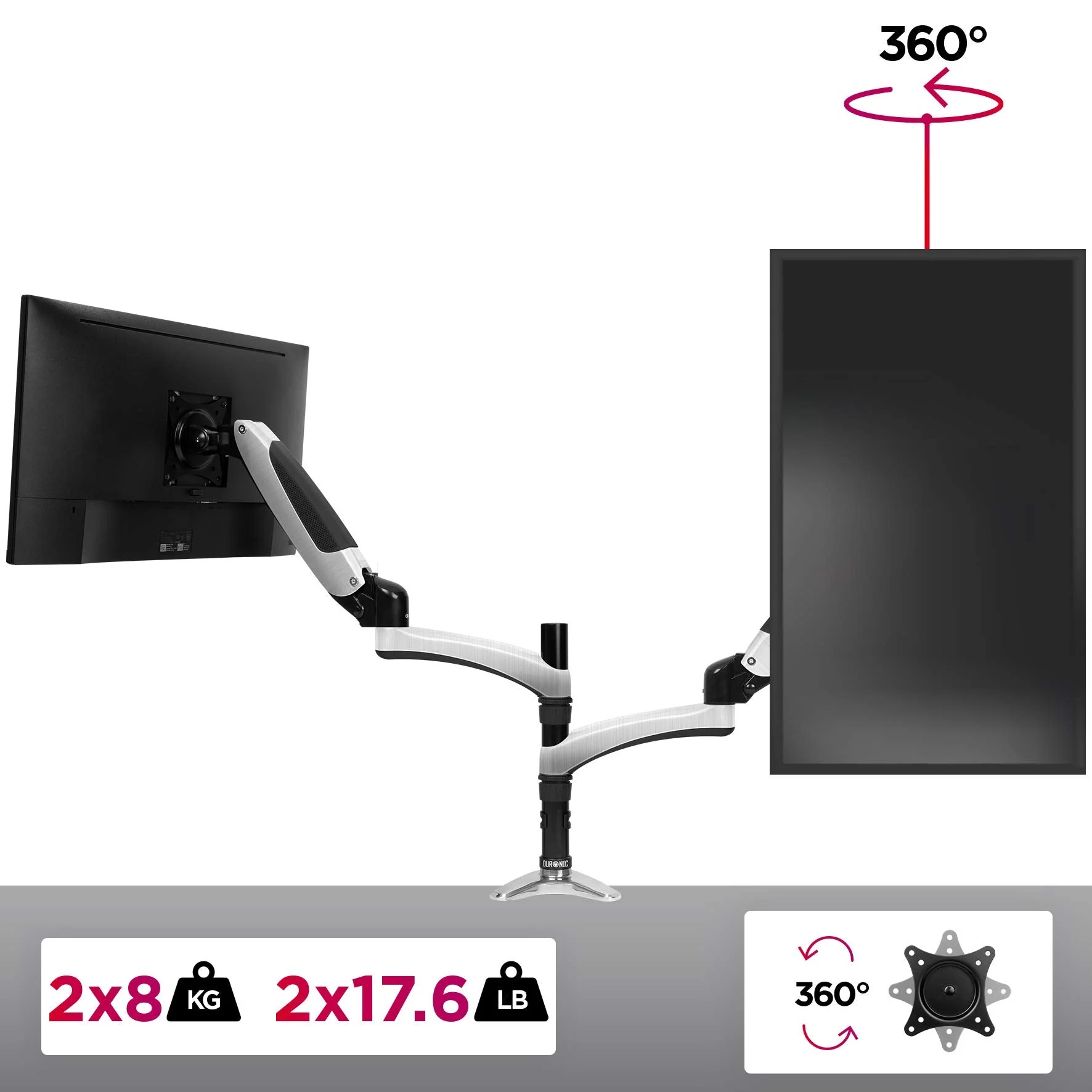 Duronic DM652 Brazo para Monitor doble 2 monitores de 15" a 27" para Pantallas de 8kg cada máx | Cabezal VESA 75 y 100 Giratorio e Inclinable -90°+85° | Altura Ajustable 40cm | Doble Brazo 58cm cada - Imagen 4