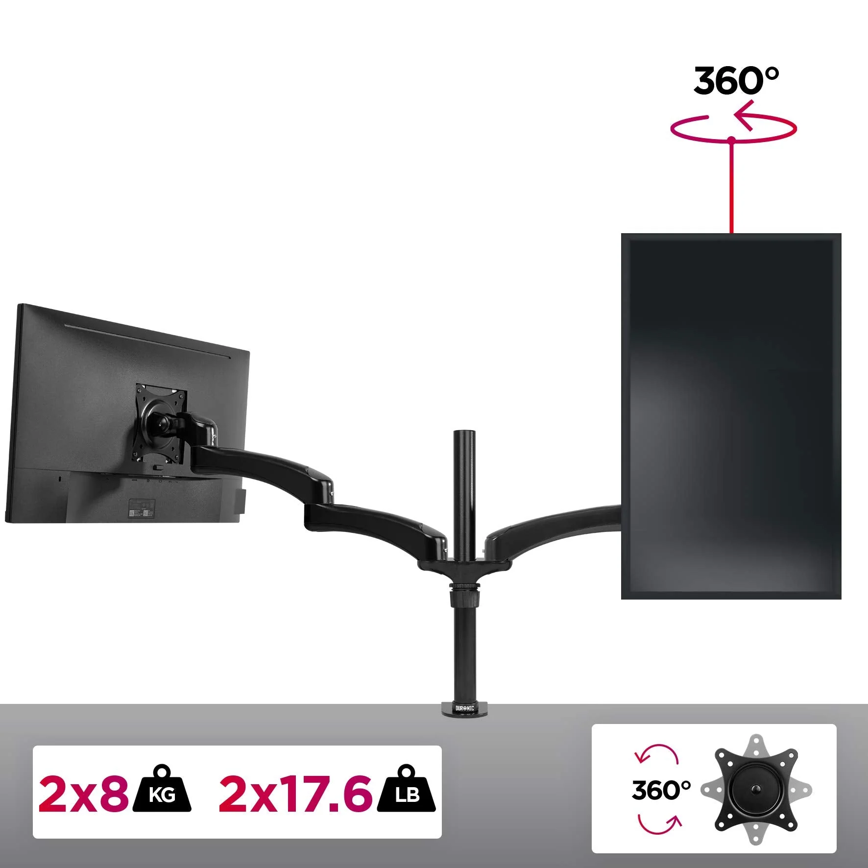 Duronic DM452 BK Brazo para Monitor doble de 13" a 27" | Para 2 pantallas de 8kg cada | Doble Brazo Extensible 50cm cada | Cabezal Giratorio Inclinable VESA 75 y 100 Altura Ajustable 40cm | Soportes - Imagen 4