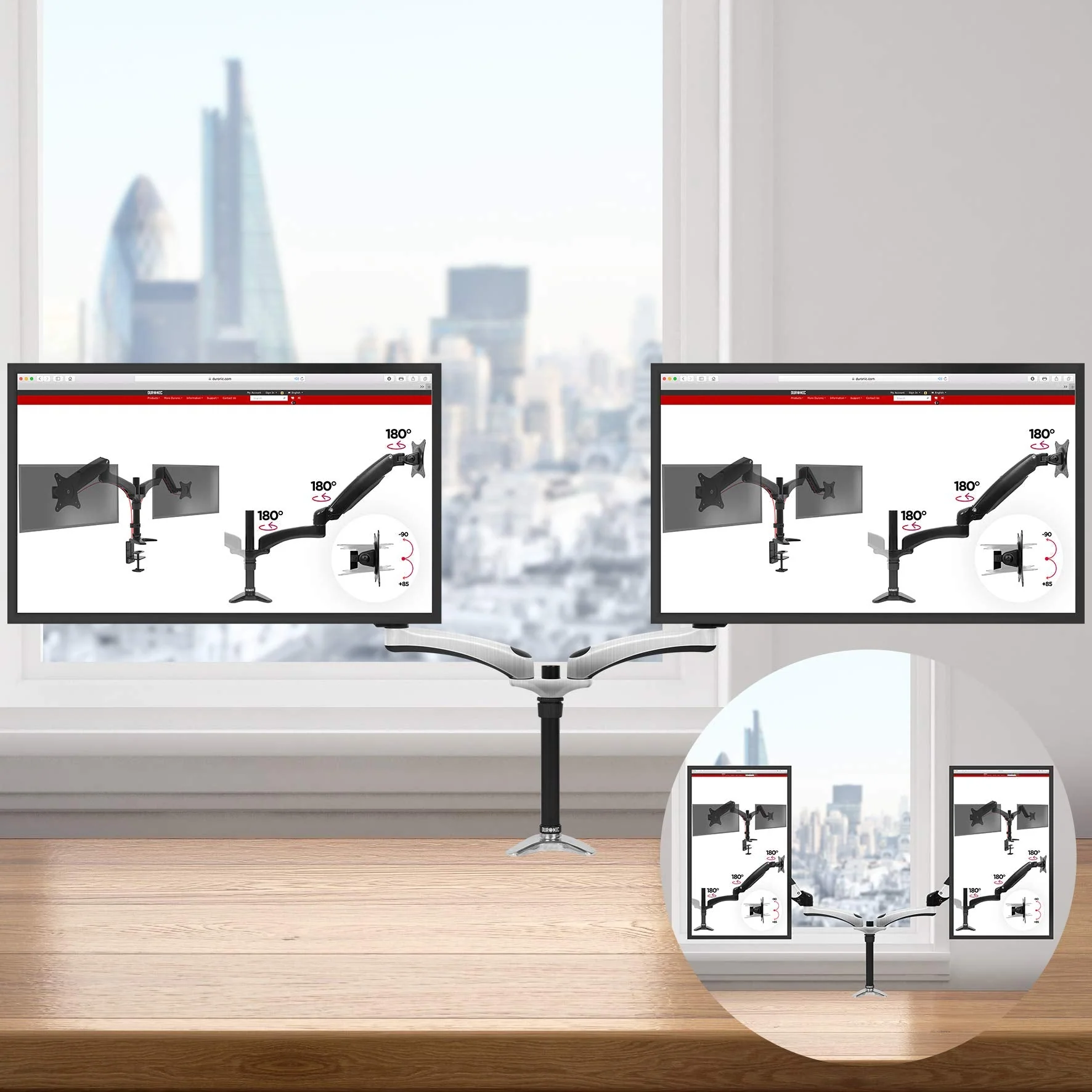 Duronic DM652 Brazo para Monitor doble 2 monitores de 15" a 27" para Pantallas de 8kg cada máx | Cabezal VESA 75 y 100 Giratorio e Inclinable -90°+85° | Altura Ajustable 40cm | Doble Brazo 58cm cada - Imagen 2