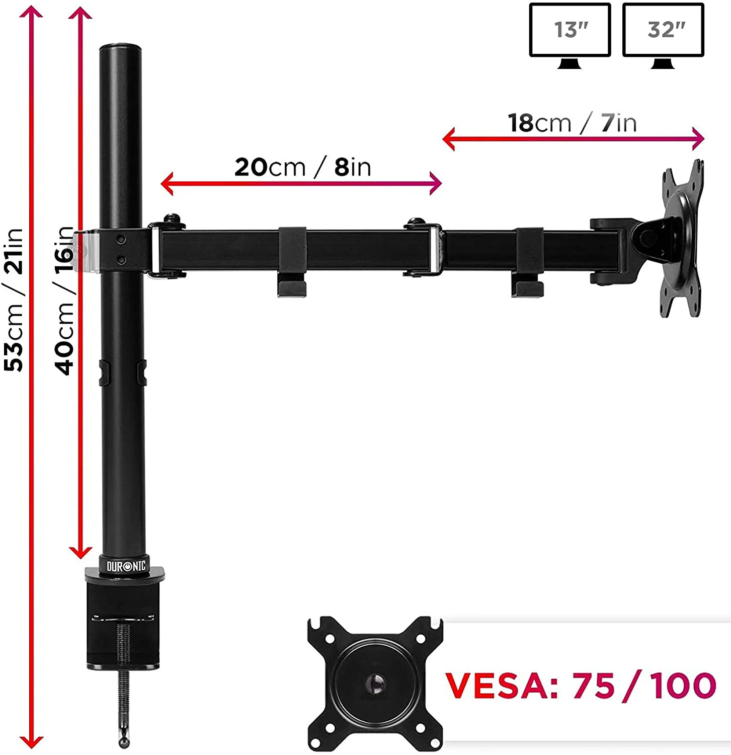 Duronic DM151X3 Brazo para Monitor | para Pantalla de 13 a 32" y 8 kg de Capacidad | Cabezal VESA 75 y 100 Giratorio e inclinable -15 °+ 15 °| 40cm de Altura Ajustable | Brazo Extensible de 38cm - Imagen 3