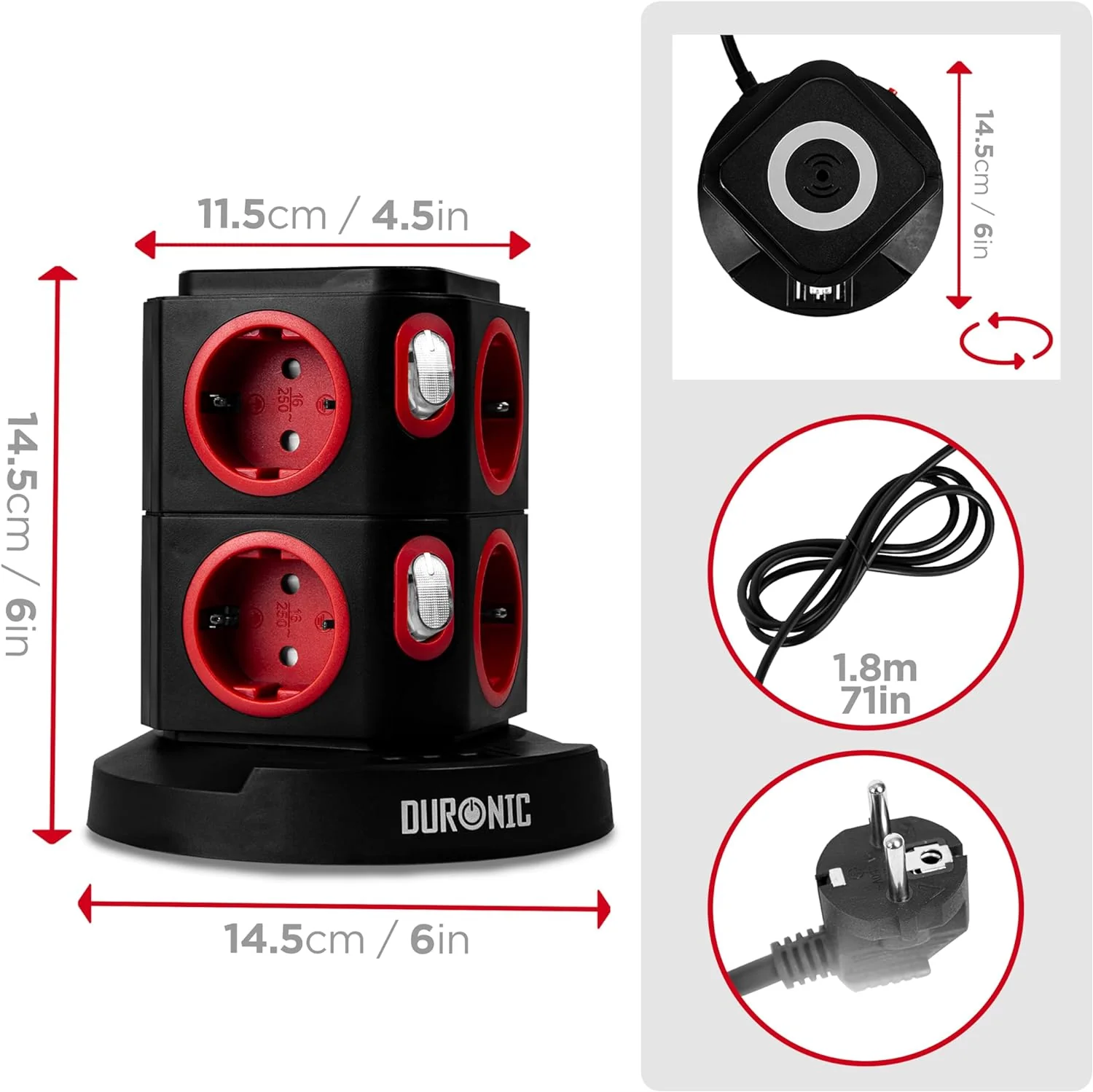 Duronic ET8W Regleta de enchufes múltiple | Cubo de enchufes con 3 puertos USB y carga inalámbrica | Base de enchufes de 8 tomas 3680W 16A | Torre con protección contra sobretensiones | Cable 1,8 m - Imagen 2