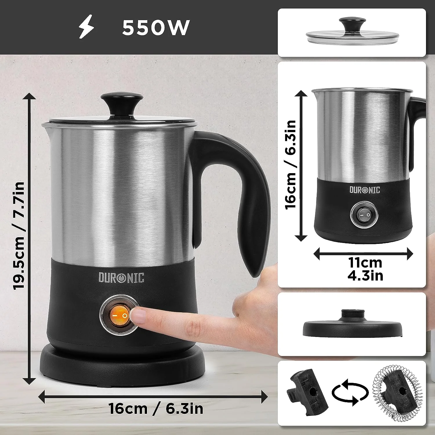 Duronic MF300 Espumador de leche - Prepara espuma Caliente o Fría, 550W, Base Inalámbrica 360°, Capacidad de 300ml para espumar y 400 ml para calentar, Seguro y Fácil de Limpiar - Imagen 3