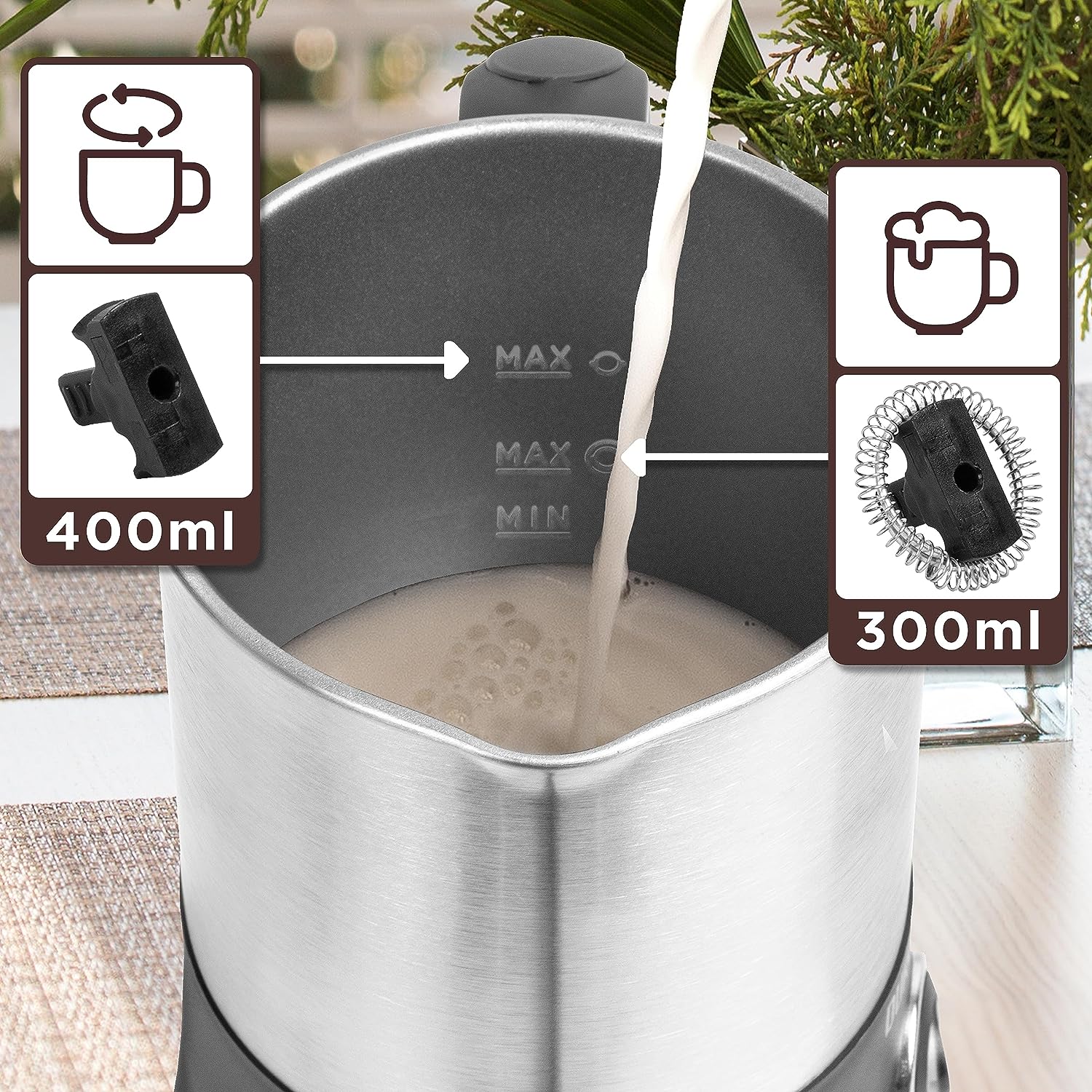Duronic MF300 Espumador de leche - Prepara espuma Caliente o Fría, 550W, Base Inalámbrica 360°, Capacidad de 300ml para espumar y 400 ml para calentar, Seguro y Fácil de Limpiar - Imagen 2